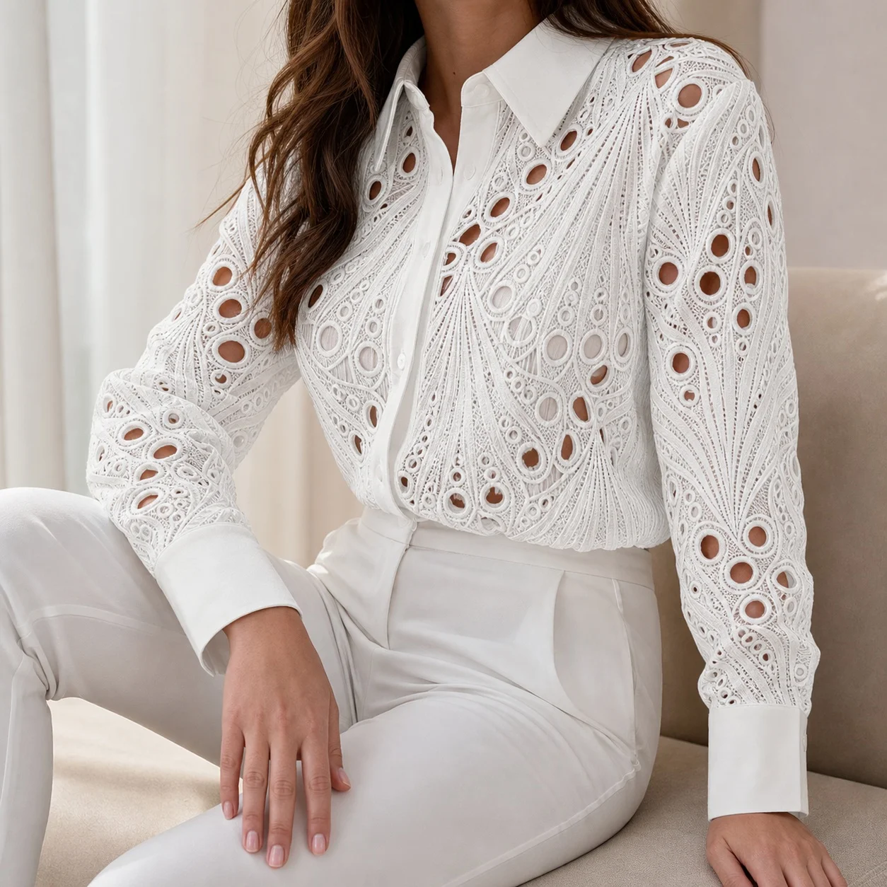 Women's And Women's Lace Hollow Out Long Sleeve Turn Down Collar Blouse For Women Elegant Casual Tops With Button Front Sheer