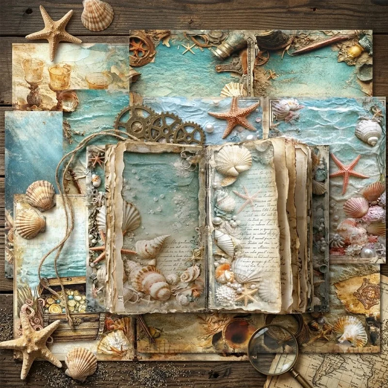 Vintage Ocean Seashell Starfish Print 6X6 Paper Pad Scrapbooking Cardstock Journal Background DIY Craft Embellishment 2