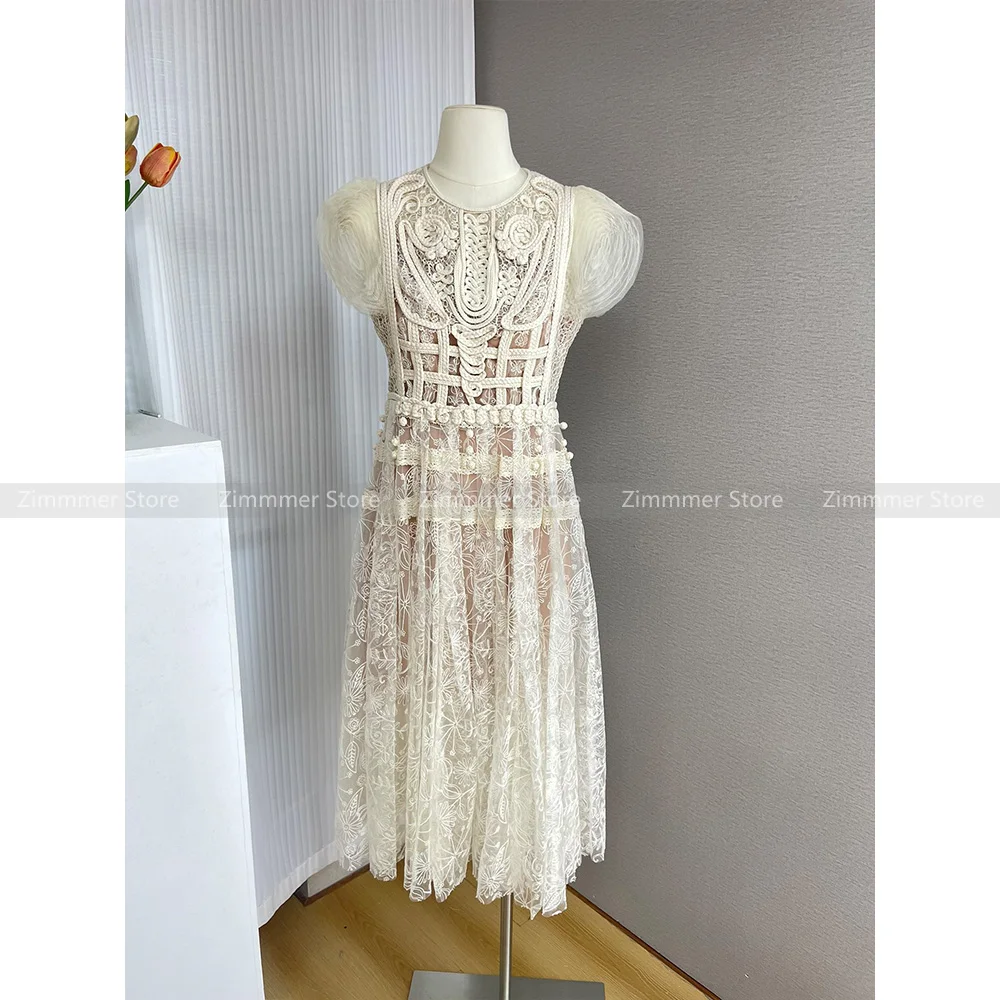 Vietnam niche design heavy lace white small dress embroidered flowers waisted strapless mesh dresses