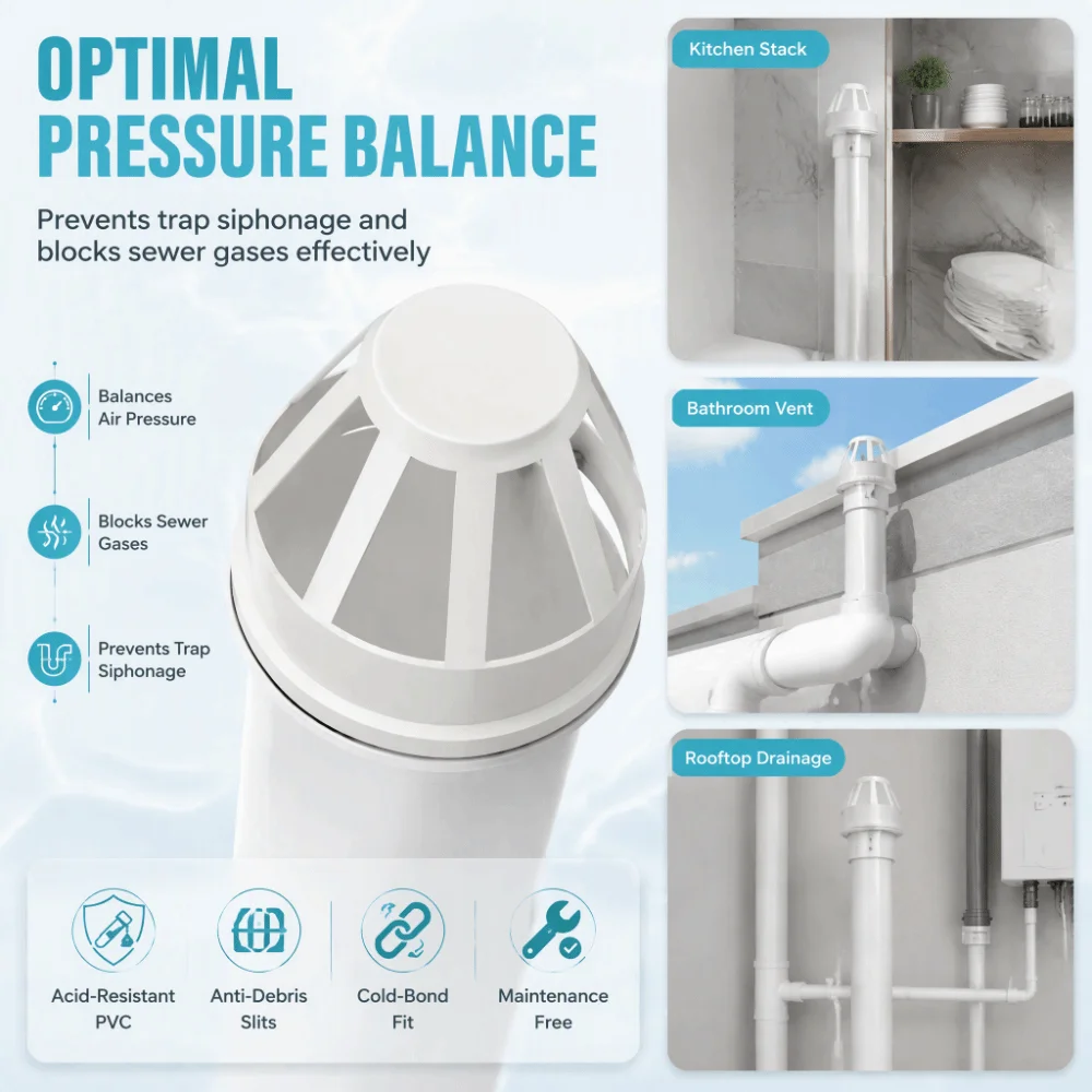 110mm Diameter Drain Pipe Vent Cap PVC Material 4.33 Inch Size Chimney Air Vent Cover Round Shape White Color