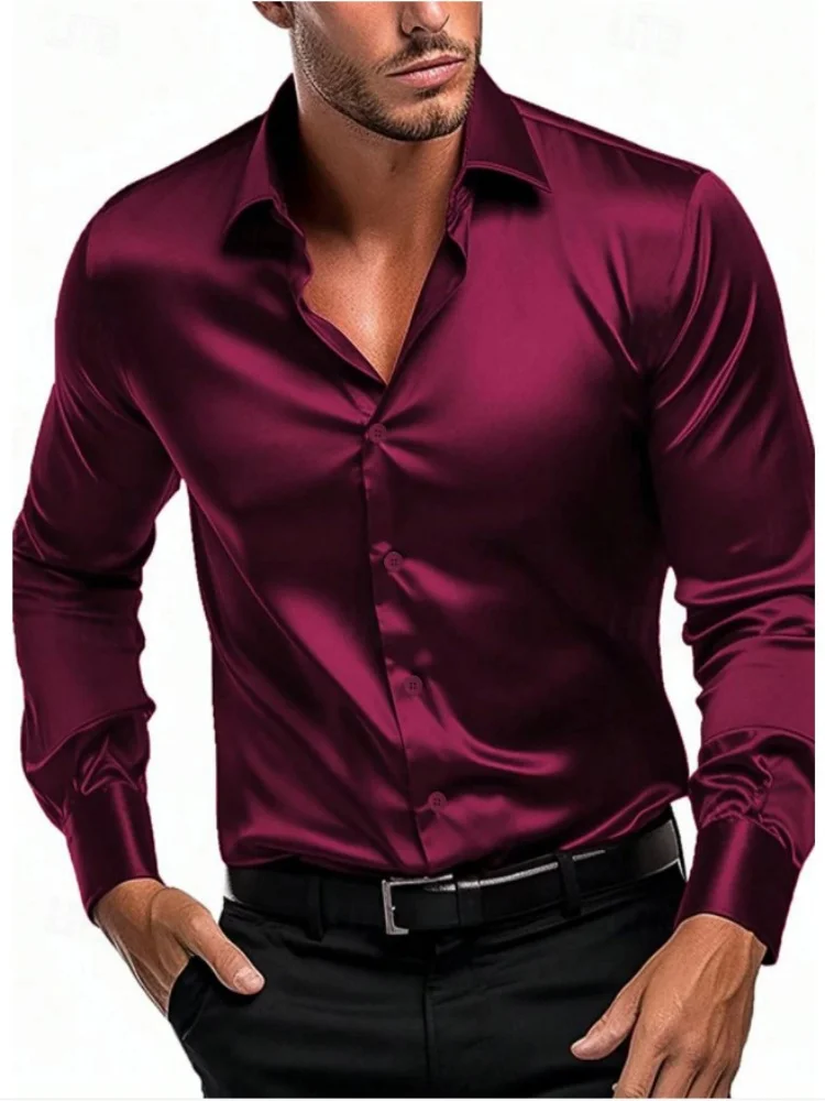 Camisa masculina casual e elegante de manga comprida, cor sólida lisa, escritório e resistente a rugas, roupa masculina de negócios