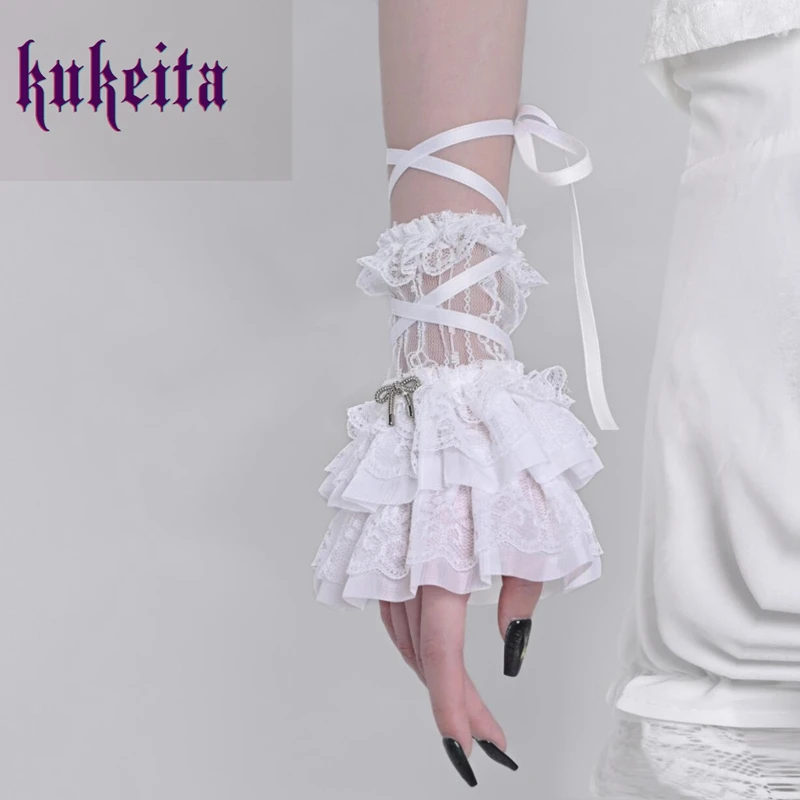 Japanese Sweet White Lace Glove Gothic Lolita Cosplay Bandage Bow Short Arm Sleeves Fingerless Gloves Women Clothing Accessories