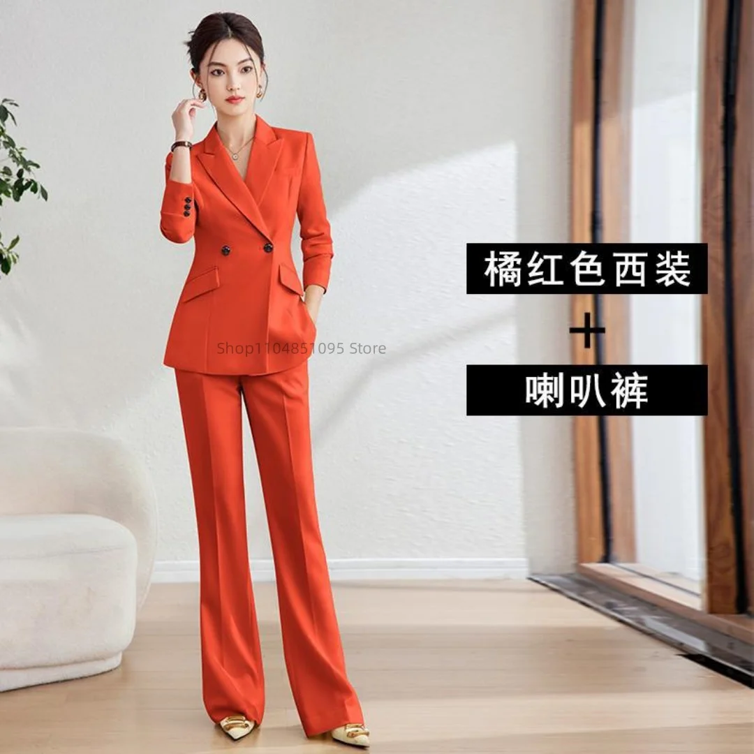 

Newest Fashion Designer Pant Suit Set Women's Solid Color Peak Lapel Double Breasted Blazer Flare Pants Suit for Business Office