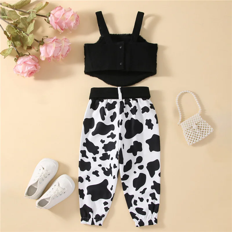 3 Pieces Girls Pants Set, Fuzzy Tank Tops + Cow Print/Leopard Print Long Pants + Waist Bag Set for Kids, 18 Months to 6 Years