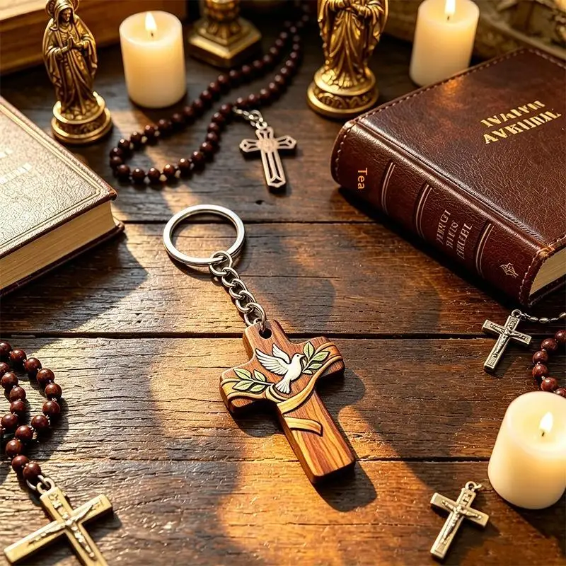 Religiöser Holzkreuz-Schlüsselanhänger in Großpackung, Organza-Beutel mit Taubenmuster, Anhänger für Gläubige, Hochzeitsgeschenke – Detail 7