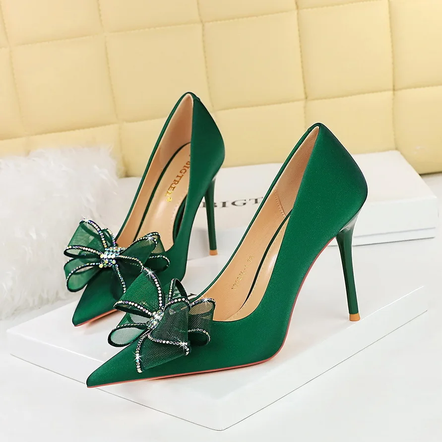 

Banquet Light Luxury High Heels Women's Thin Heels Shallow Mouth Pointed Lace Bow Single Wedding Shoes Women Pumps туфли женские