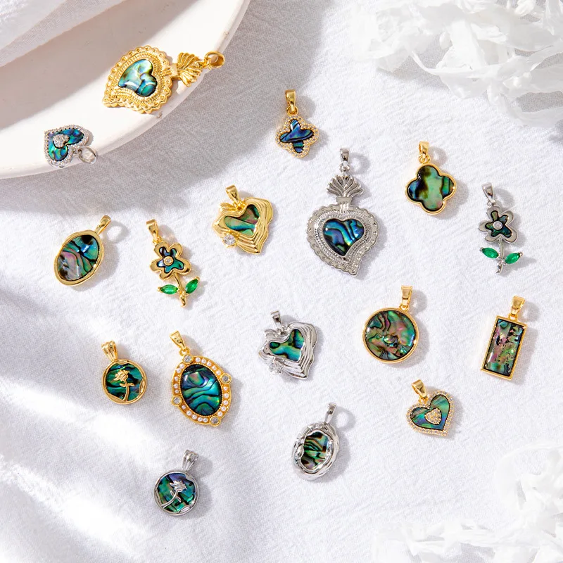 Natural Abalone Shell Pendant High-end Heart-shaped Diy Necklace Earrings Copper Electroplating 14K Gold Color Retention Charms