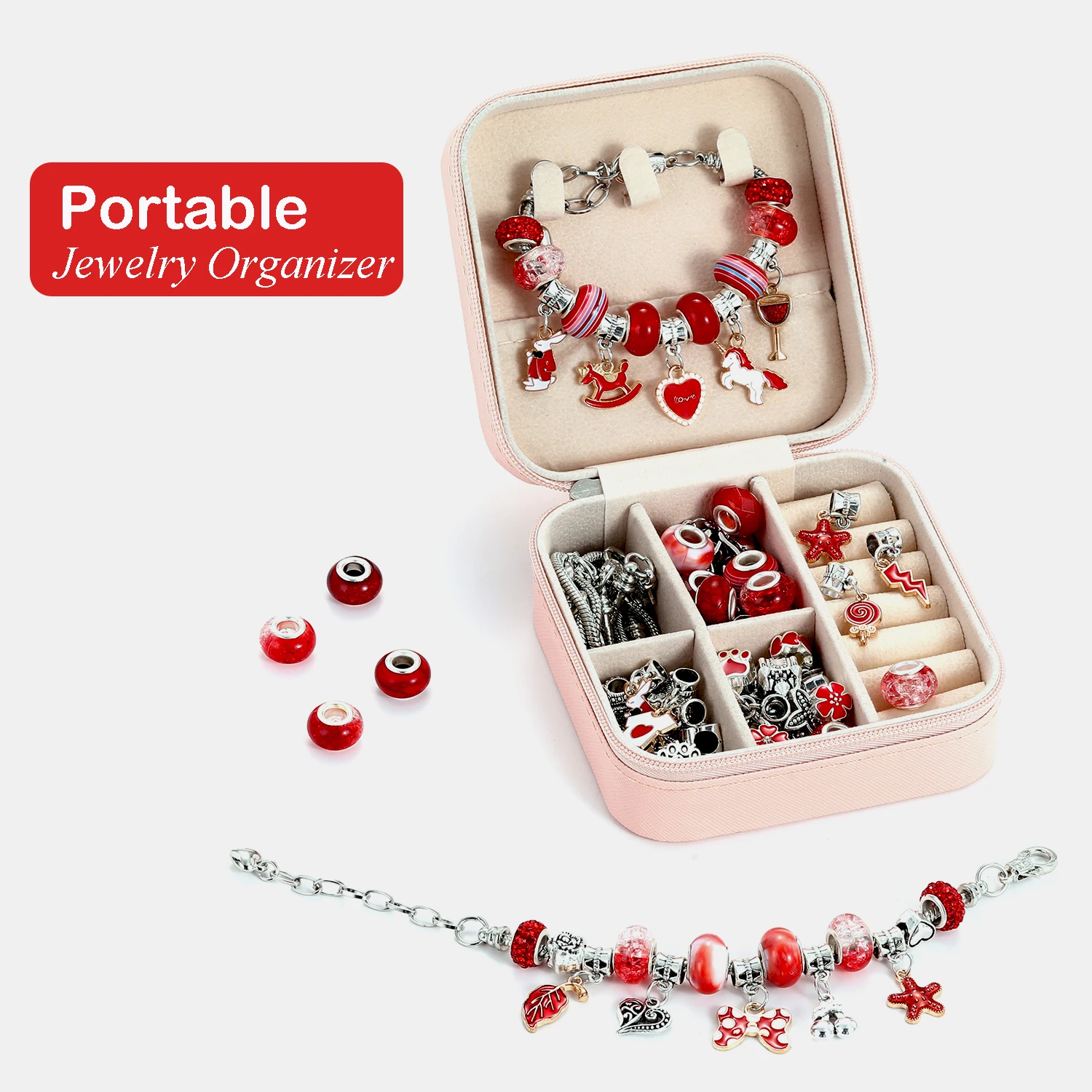 68-Piece Beaded Bracelet Making Kit, Red Series Jewelry DIY Gift Box, Christmas Craft Gift Set, With Jewelry Storage Box view 6