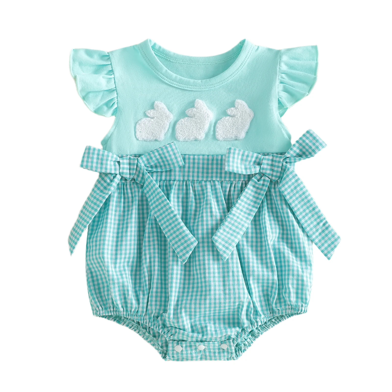 

Toddler Girl Floral Ruffle Sleeve Romper with Bunny Embroidery and Bow Detail Adorable Easter Outfit for Spring and Summer