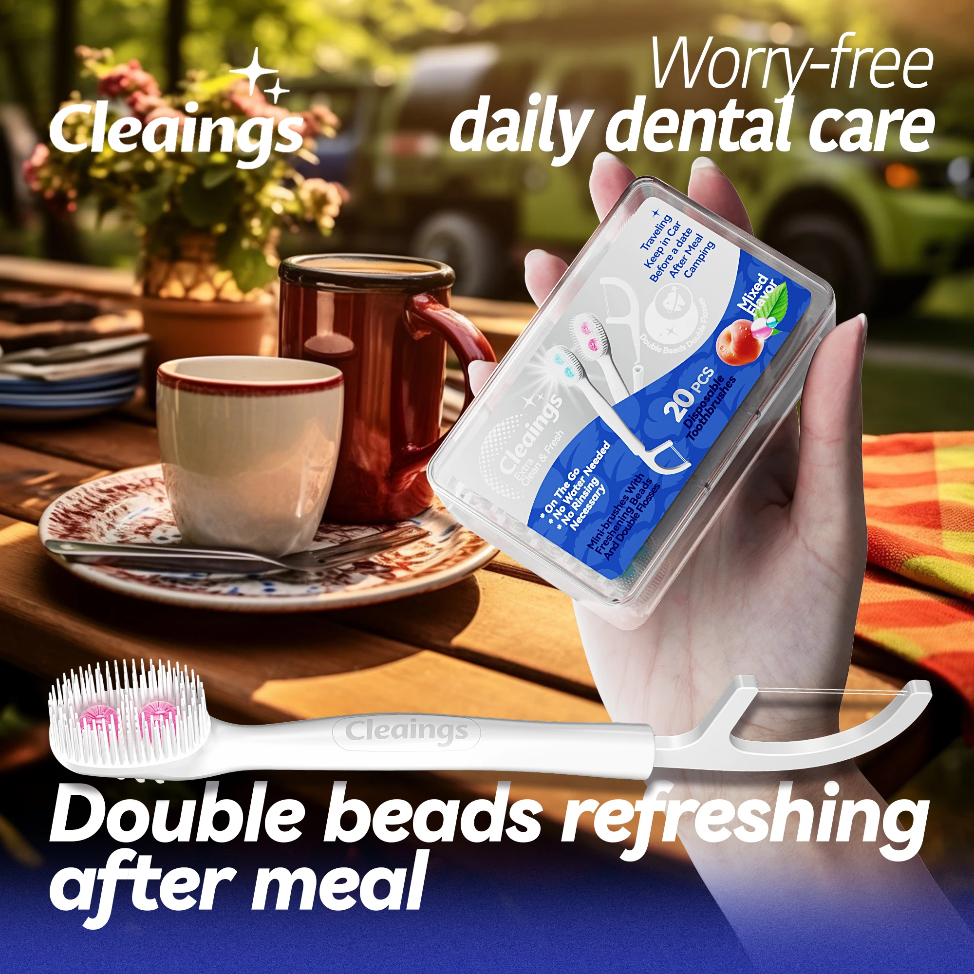 Water Saving Portable Toothbrush for Travel 20PCS Cool Mint Dual Fresh Bead Disposable Brush Attached Floss No Rinse Outdoor Use