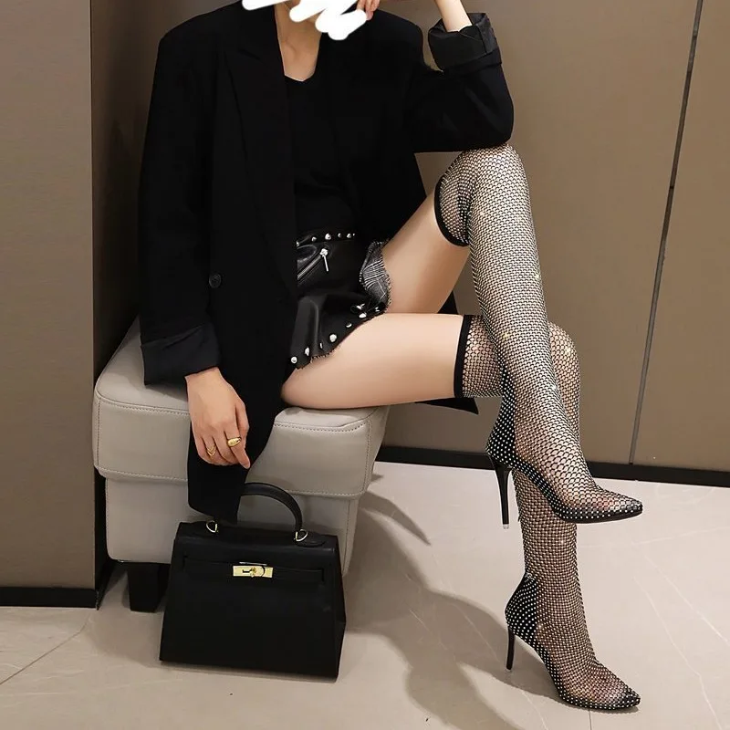 Summer New Women\'s New Luxury Brand High Heel Sandals Hollow Cool Boots Sexy Fashion Rhinestone Banquet Sandals Plus Size 34-42