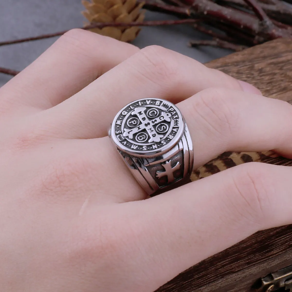 Vintage Religious Saint Benedict\'s Christian Cross Ring Mens Punk Hip Hop Biker Stainless Steel Jewelry Gift for Boyfriend