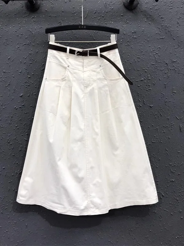 

High Waist A-Line Skirt Hong Kong Sle Pleated Design Women's Jeans Midi Skirt Slimming Korean Version Summer New Arrival