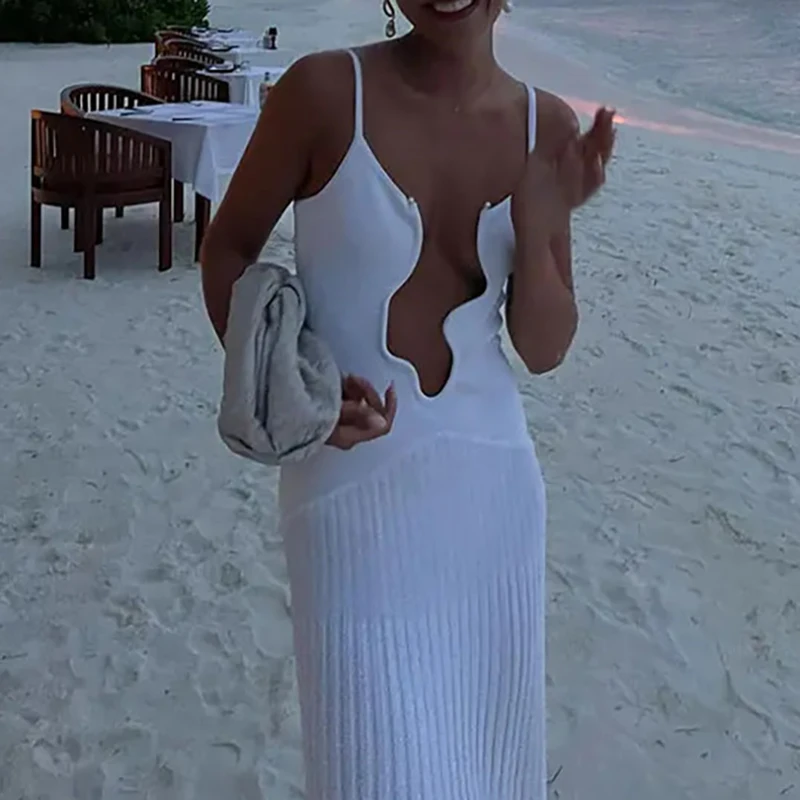 섹시한 민소매 백리스 플리츠 밑단, 2025 여성 이브닝 원피스, 우아한 단색, 불규칙한 V넥 맥시 원피스, 휴양지 슬링 원피스