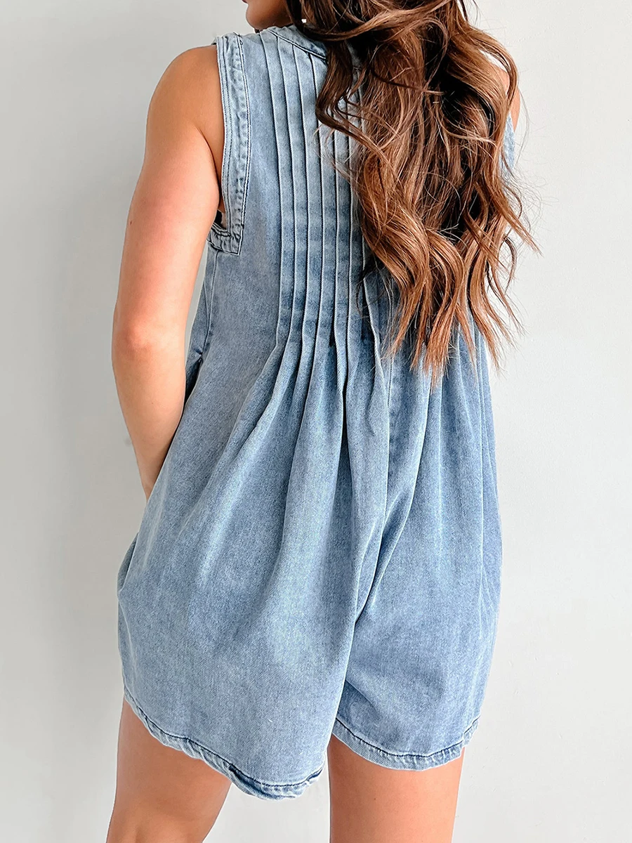 Women Demin Tank Top Jumpsuit Summer Loose Pleated Tie Front V Neck Sleeveless Shorts Romper with Pockets Female Trendy Playsuit