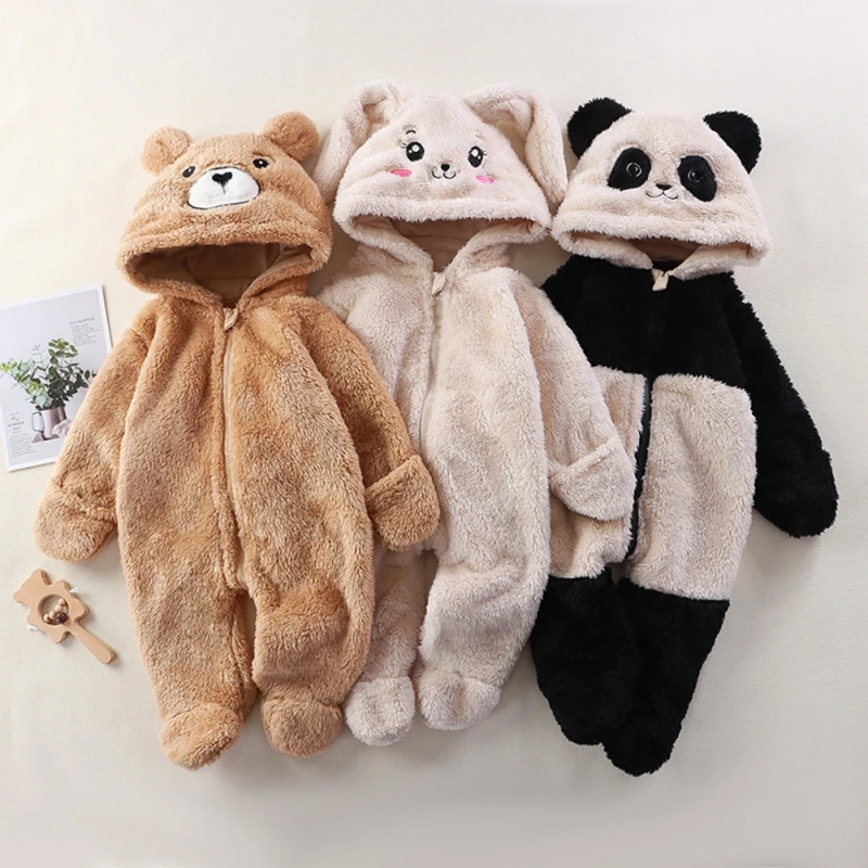 Cute Cartoon Baby Clothing Boys Footies Long Sleeve Velvet Hooded Baby Girl Clothes Winter Warm Baby Romper 0-12 Months