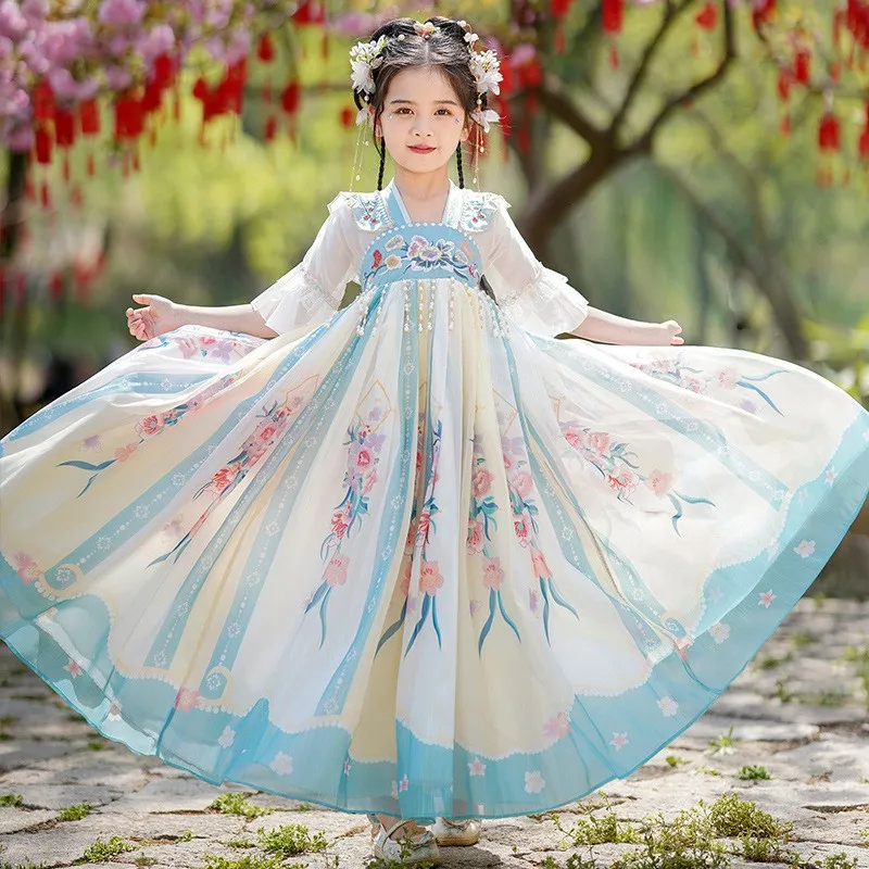 

Chinese Style Hanfu Girls Tradition Elegant Floral Embroider Fairy Dress Oriental Cosplay Perform Dance Robe Kids Birthday Gift