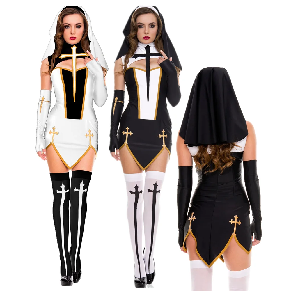 

S-3XL Full Set Sexy Bad Habit Nun Costume Virgin Mary Religious Sister Halloween Cosplay Fancy Dress