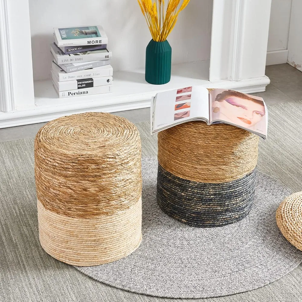 Stools, Ottoman Poufs, Hand Weave Round Footstool with Wood Frame, Sitting Braided Footrest, Home Boho Decorative Seat, Stools