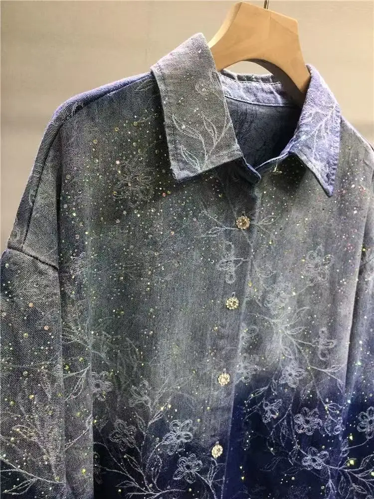 New 2024 Autumn Trend Sequins Diamonds Hot Drilling Denim Shirts and Blouses Women's Loose Casual Denim Top Jacket Woman Clothes