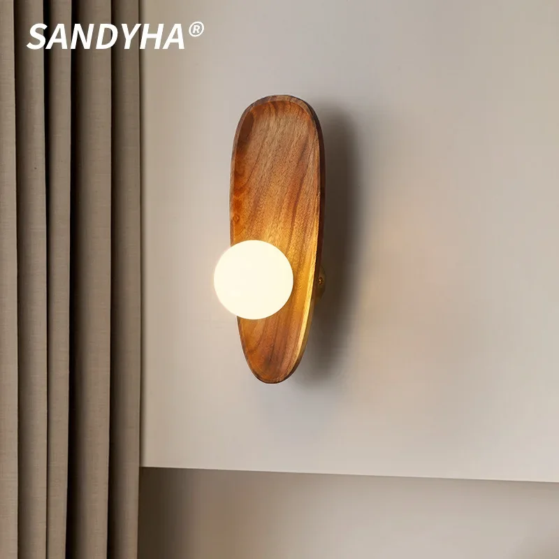 

SANDYHA Japanese Wooden Wall Lamp Glass Ball Lampshade Design Living Room Decoration Bedroom Bedside Indoor Lighting Fixtures