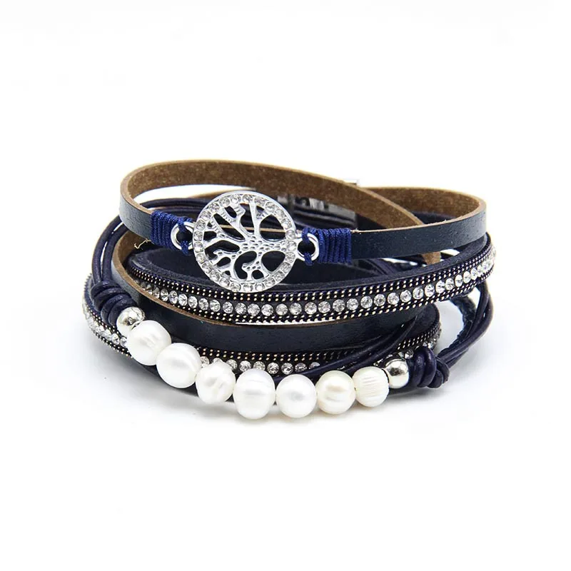 WYBU 7 Colors Tree Of Life Leather Bracelet For Women Alloy Magnetic Clasp Pearl Multilayer Wrap Fashion Women Bangle Jewelry