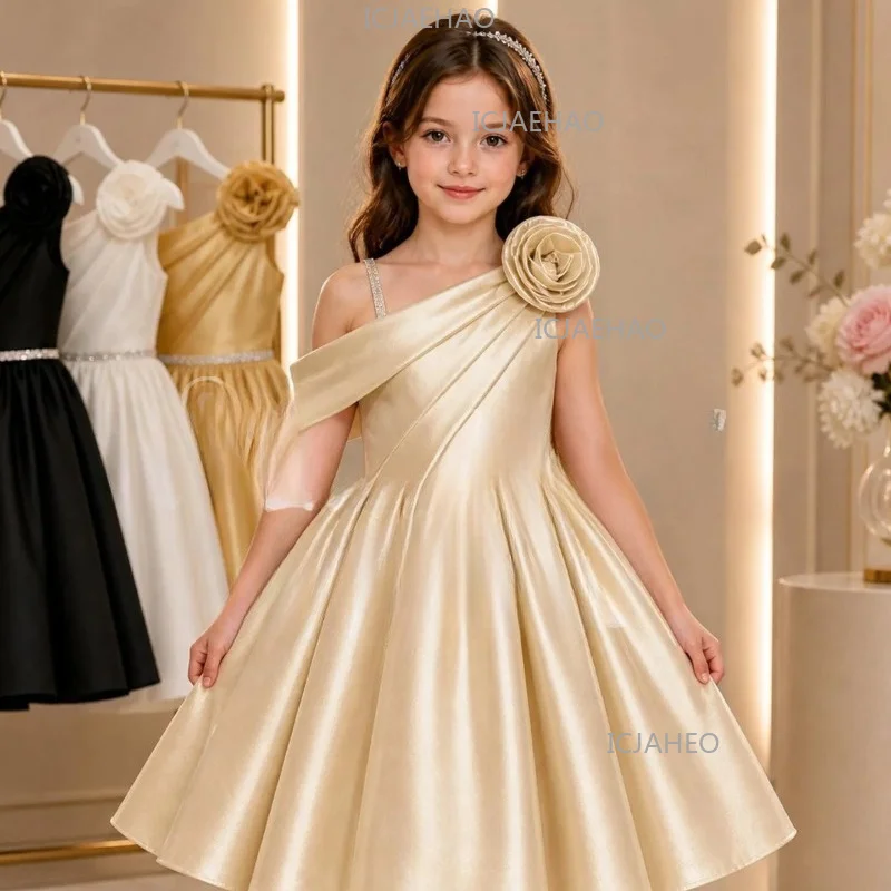2026 New Kids One Shoulder Formal Dress Children Girls Piano Performance Host Chorus Show Gown Fashion Elegant Pageant Costume