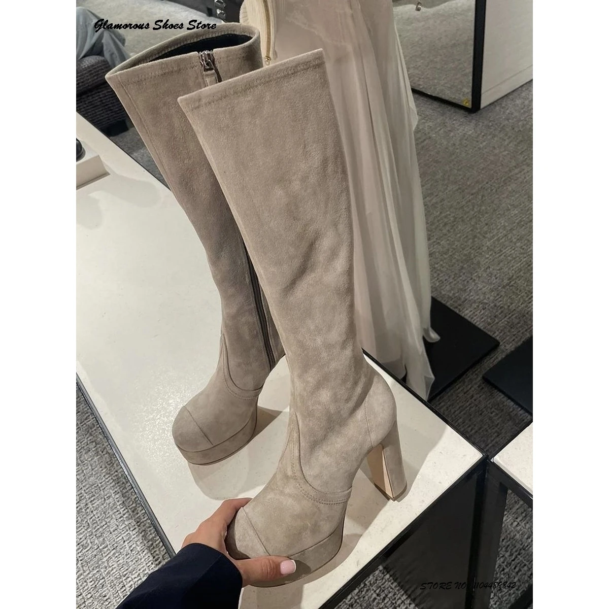 

Весенне-осенние эластичные ботинки на платформе, женская повседневная обувь с круглым носком на массивном каблуке, модные замшевые сапоги до колена с однотонной боковой молнией