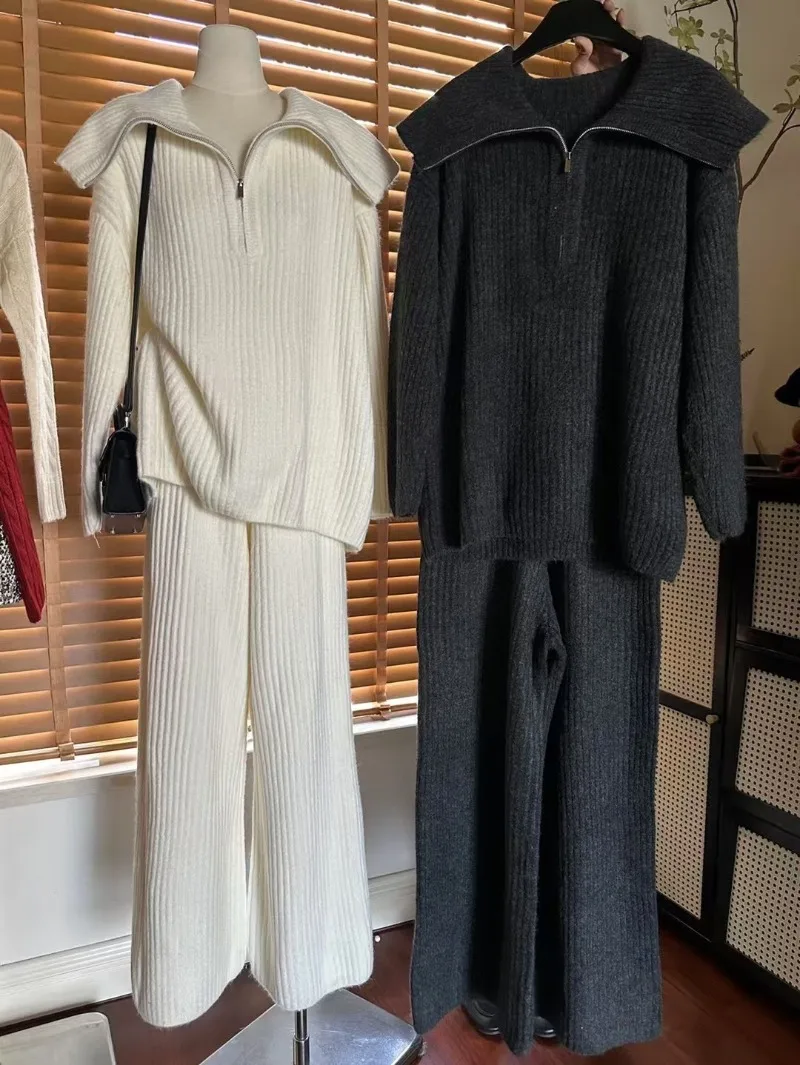 Casual Loose Collar Half Zipper Knitted Sweater+Elastic Waist Wide Leg Pants Set Autumn/Winter Women's Sets New Fashion Suit