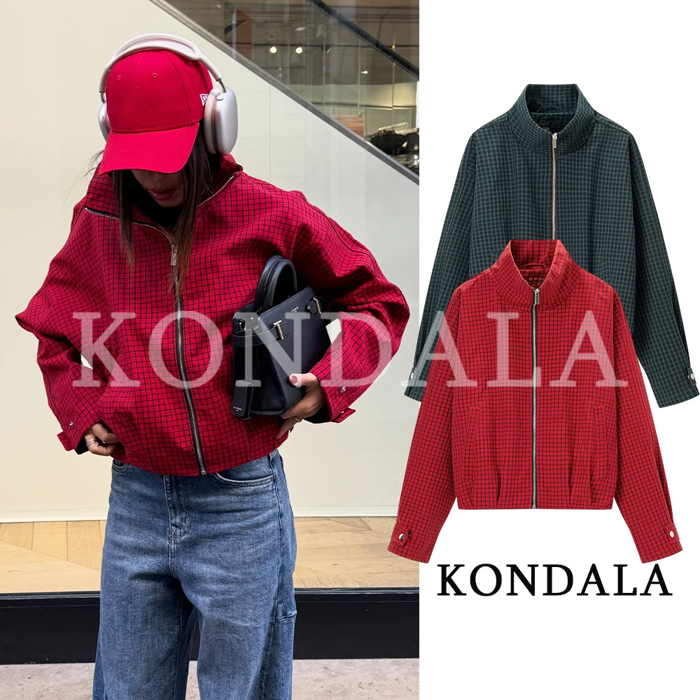 KONDALA Women Chic High Street Plaid Jacket Stand-Collar Zipper Jacket 2026 Early Fall Trendy Vintage Casual Cool Girls Jacket