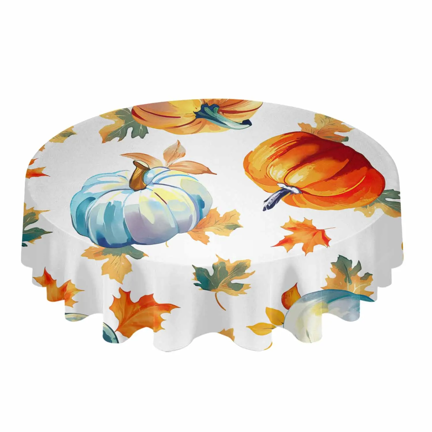 Hand-Painted Watercolor On Pumpkin Leaves Waterproof Tablecloth Tea Table Decoration Round Table Cover For Kitchen Wedding Home