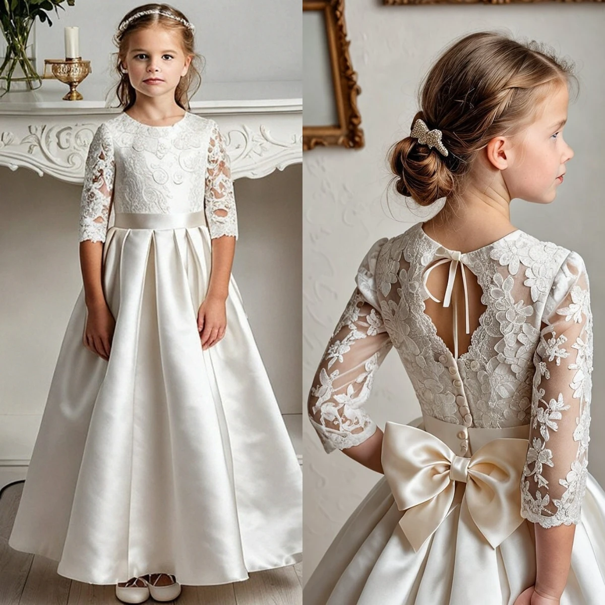 Elegant A-Line Flower Girl Dress Satin Lace Printing Idyllic First Communion Gowns  Kids Girls Birthday Party Evening Gown