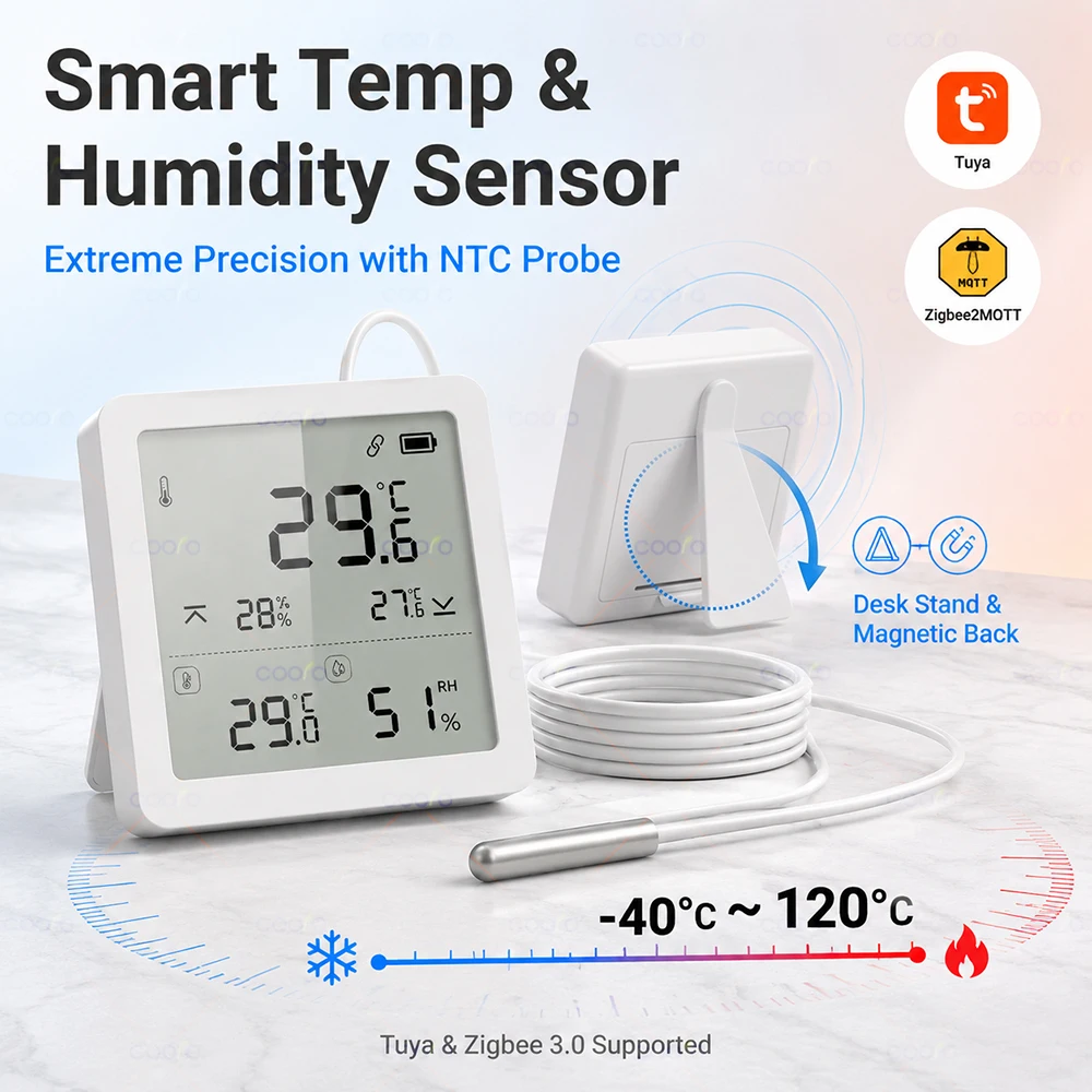 Tuya Zigbee Temperature Humidity Sensor with Digital LCD Screen and NTC Probe Detect Fridge Freezer Liquid Temperature For Z2M
