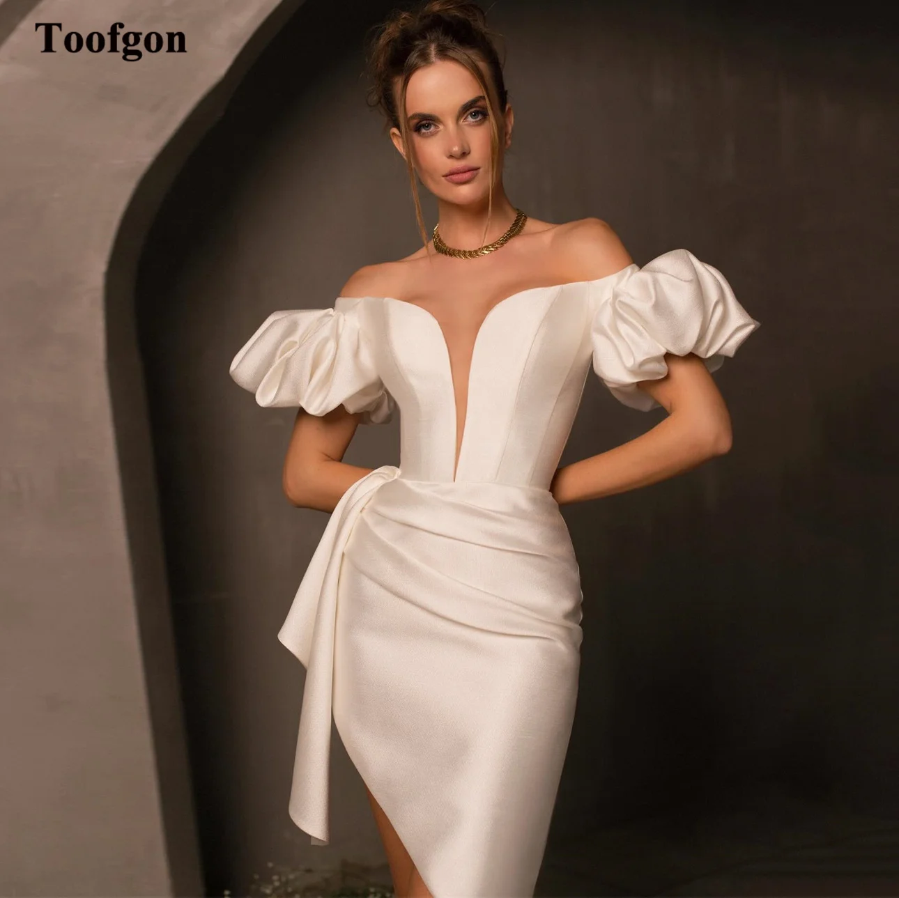

Toofgon Customized Satin Mini Prom Dresses Short Sleeves Pleats Girl Dance Formal Party Dress Special Occasion Homecoming Gowns