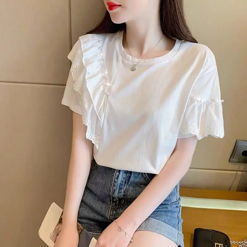 Korean Fashion Summer New Women\'s Solid Color O-Neck Lace Embroidered Flares Ruffles Elegant Loose Short Sleeve T-Shirts Tops