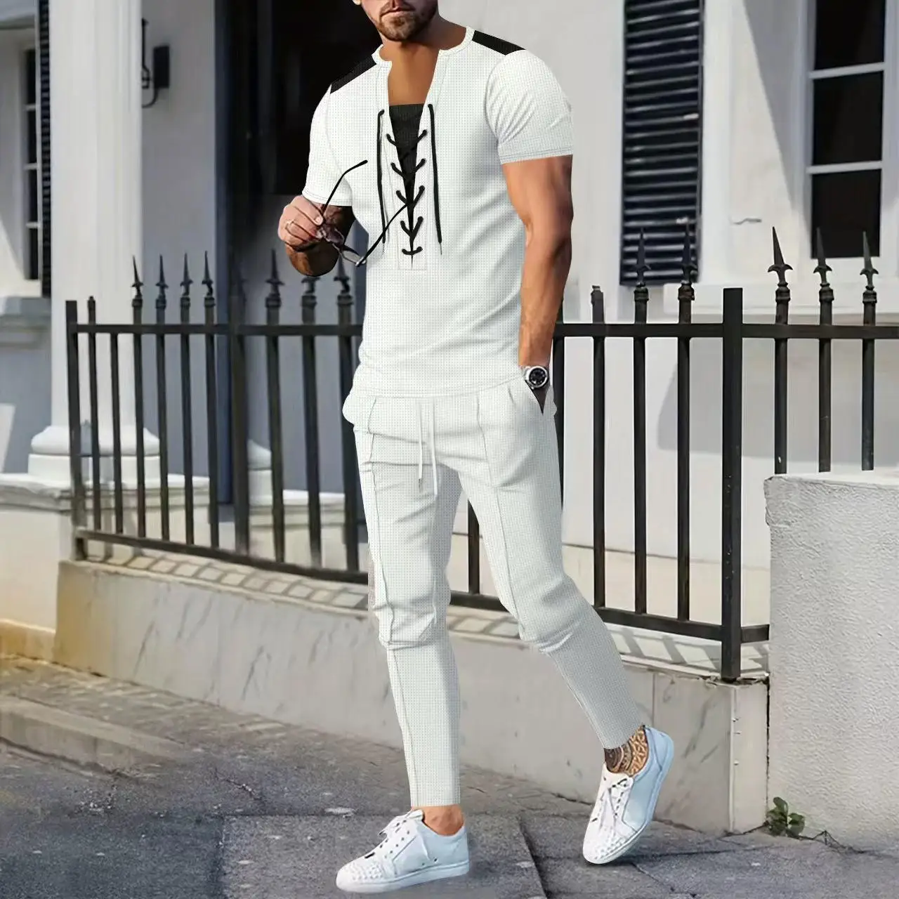 

2025 Men's Casual Short Sleeve T-Shirt And Long Pants Set Spring Season Garden Collar Rope through Design Two-Piece Suit