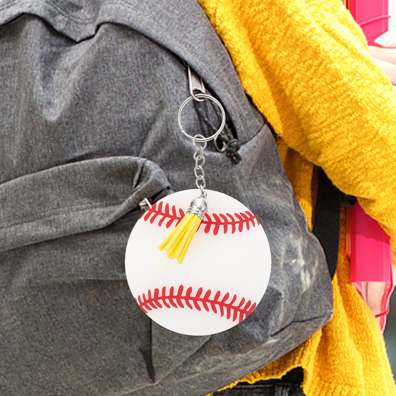 12Sets Baseball Key Chain Acrylic Tassel Keyring Bag Pendant Key Hanging Decoration Sports Keychain Gift for Boys Men Women