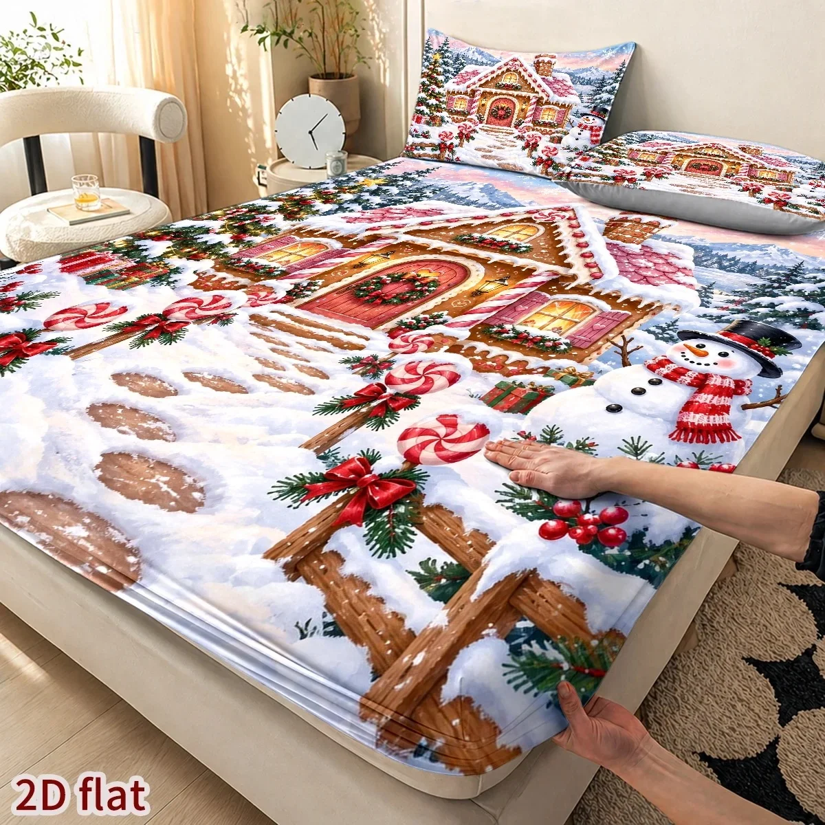 Romantic Snow House Snowman Candy Windmill Digital Print Three-Piece Bedding Set (Includes 1 Fitted Sheet + 2 Pillowcases) 3-Piece Bedding Set, Large Deep Pocket 2D Printed Fitted Sheet and 2 Pillowcases, Fitted Sheet Style with Elastic Band, Protective Cover, Mattress Protector, Suitable for All Seasons, Machine Washable Design, Holiday Decoration, Various Sizes, Breathable Protective Cover with Pillowcase