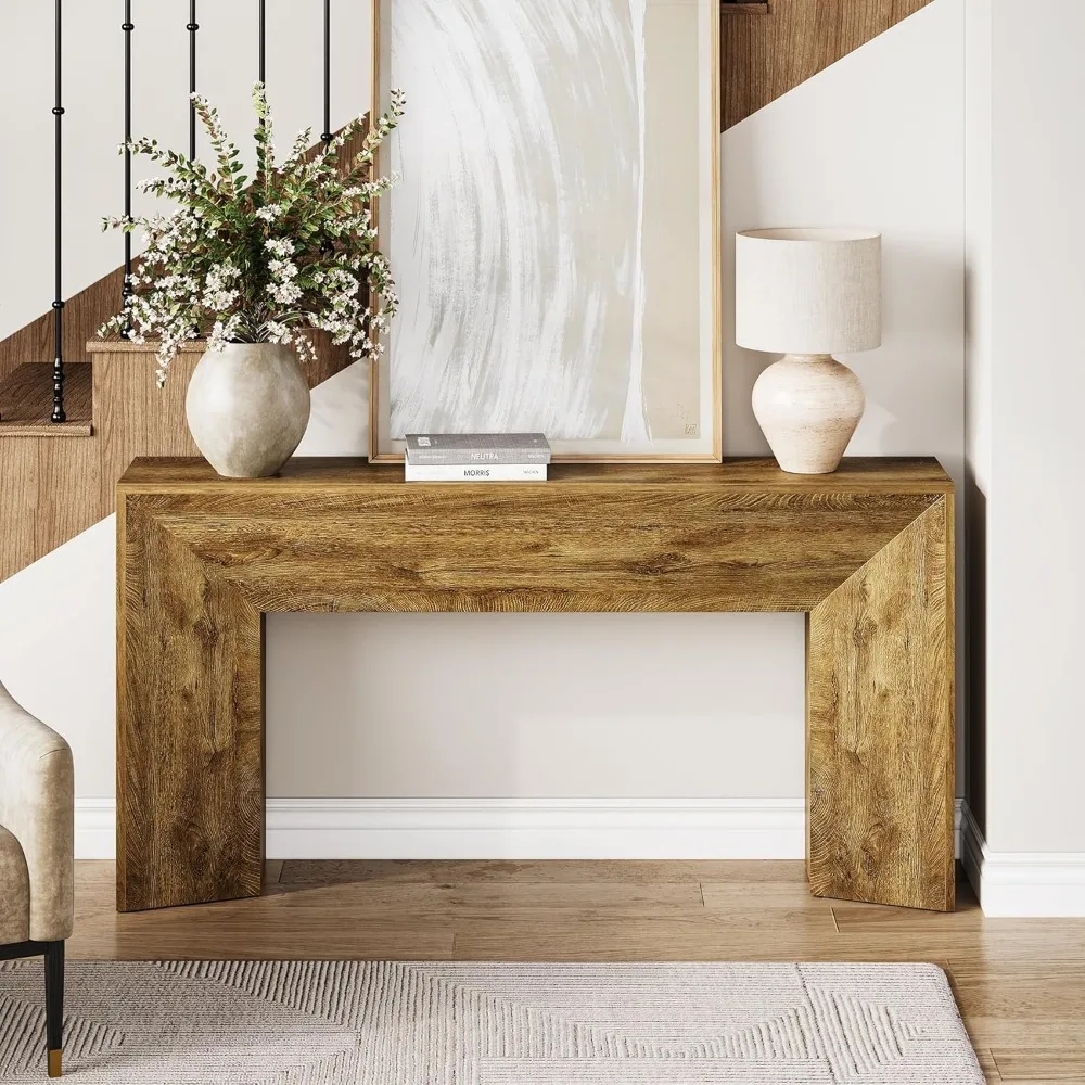 طاولة وحدة تحكم خشبية بنية طويلة جدًا مقاس 63 بوصة للمدخل، وطاولة أريكة لغرفة المعيشة الحديثة، وتصميم طاولة بهو المدخل #4