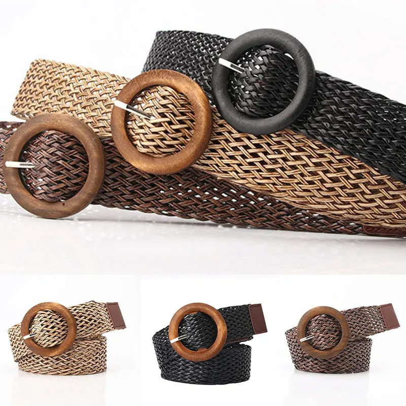 Braided Waist Belt Black Coffee Female Belt Vintage Boho Round Wooden Smooth Buckle Fake Straw Wide Belts Waist Strap For Women