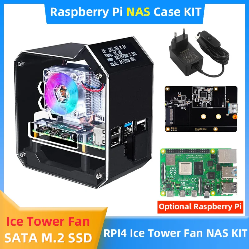 

Raspberry Pi 4 NAS Kit with ABS Case with Ice Tower Cooling Fan 0.96" Screen Dispaly Support SATA M.2 SSD for Raspberry Pi 4B