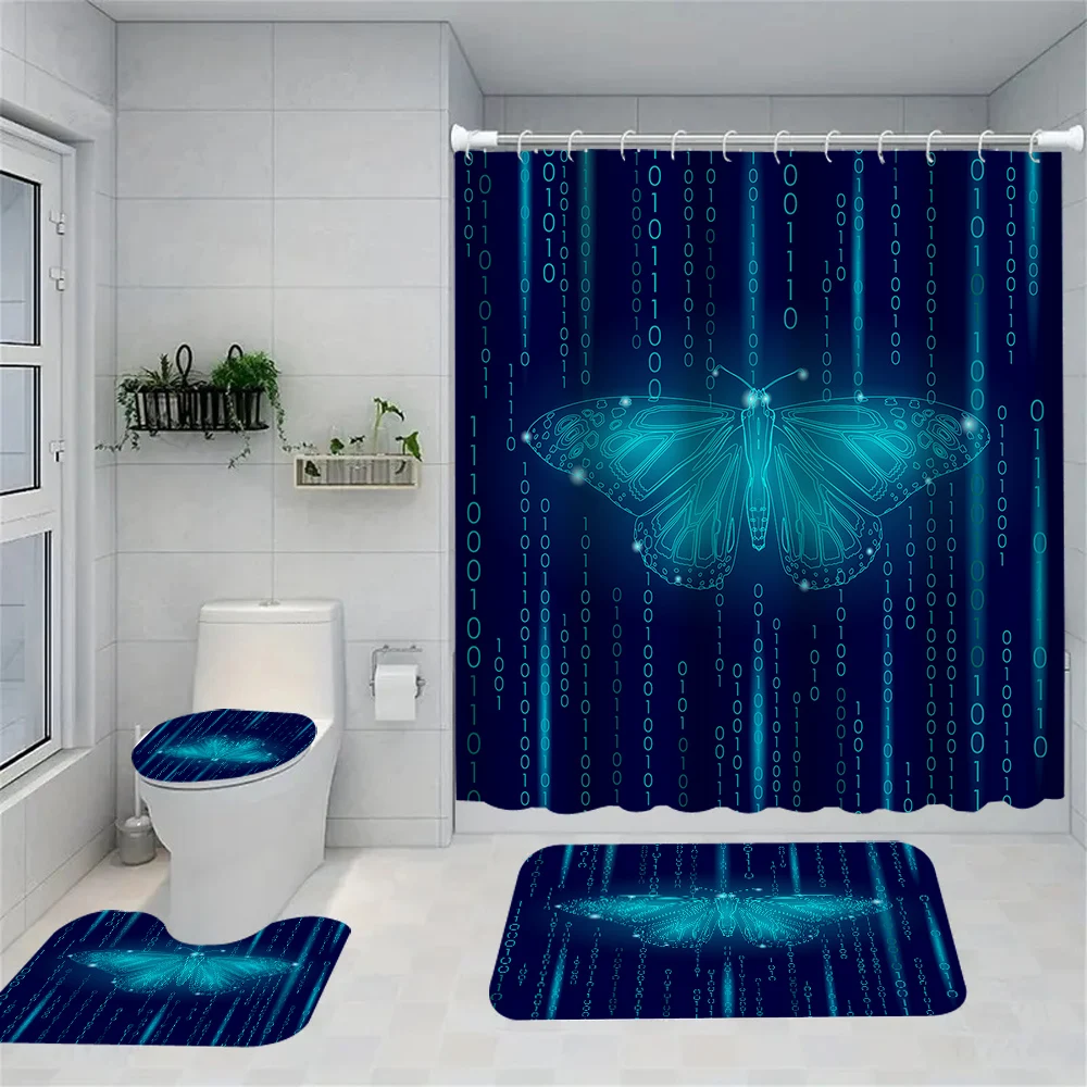 1/4 Technology Butterfly shower Curtains, Toilet Seat Decoration, Shower Curtain with Carpet and Toilet Lid, 12 70.8x70.8 inch H