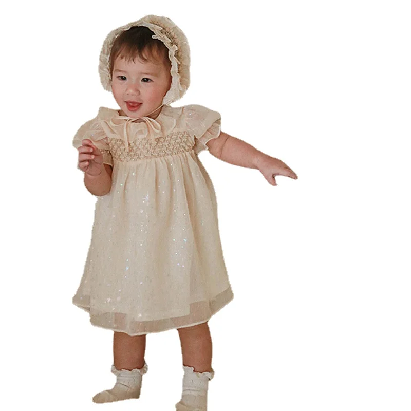 Baby Girls Smock Sequined Dresses Kids Puff Sleeves Clothes New Summer Toddler Infant Girl Princess Vintage Princess Dress CL933