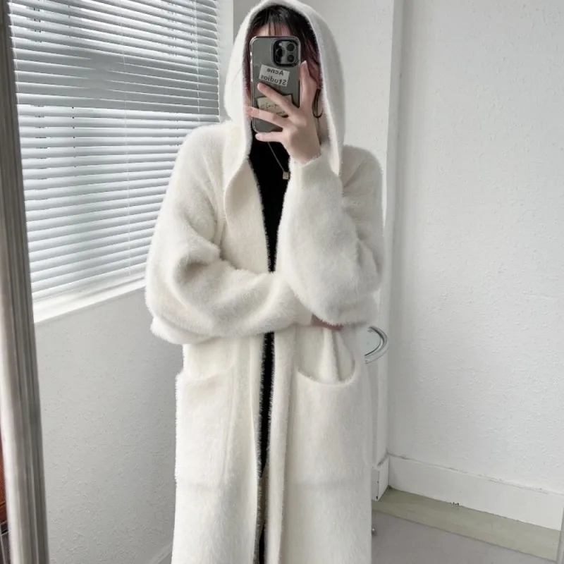 Mink Cashmere Hooded Long Coat Women Winter Full-sleeve Oversized Cardigan Dress Woman Keep Warm Winter Woman\'s Clothing Korea