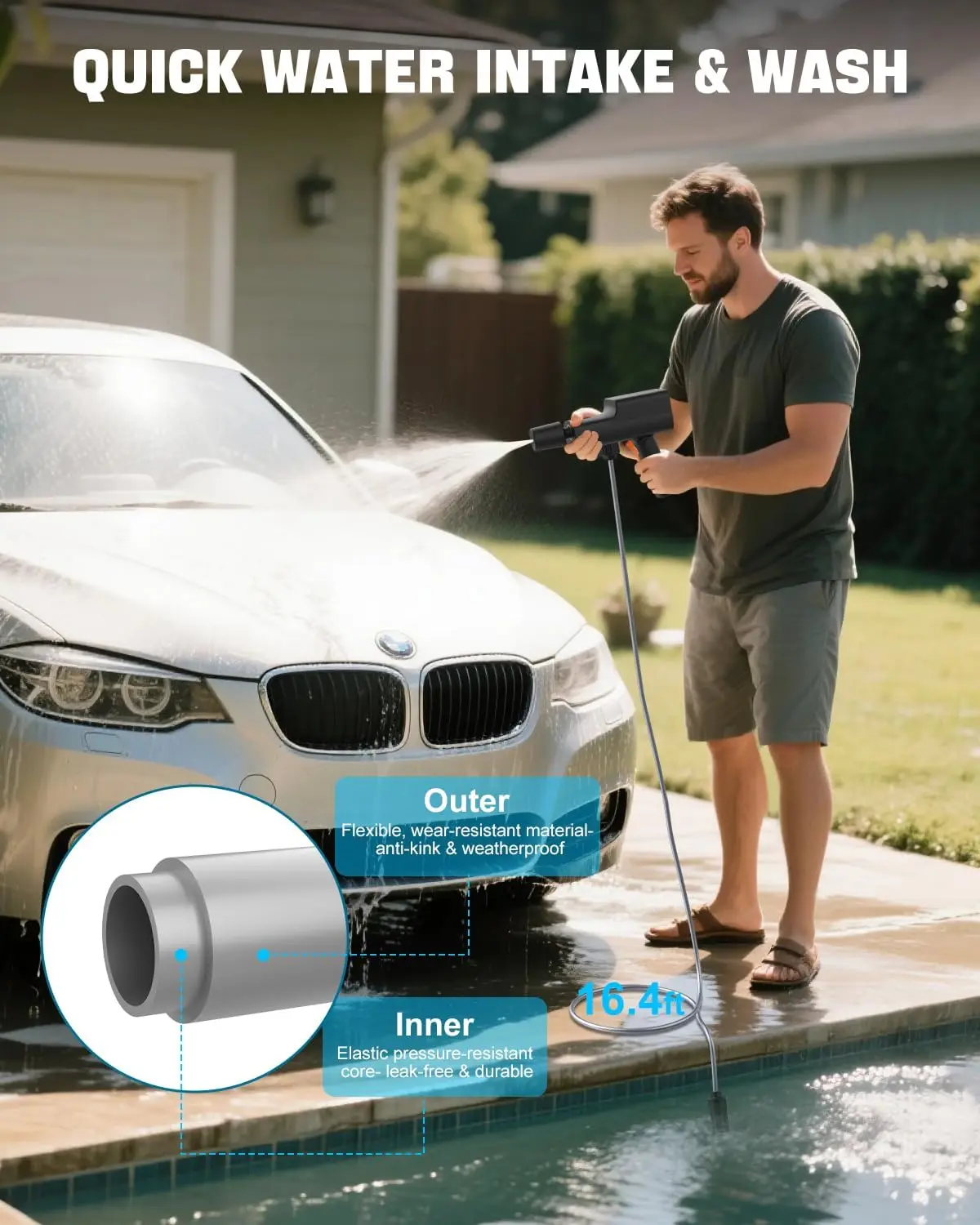 غسالة ضغط لاسلكية قابلة للطي، غسالة طاقة محمولة 249 رطل لكل بوصة مربعة مع بطارية وشاحن سيارة، خرطوم 16.4 قدم، فوهة 5 في 1 للسيارة،