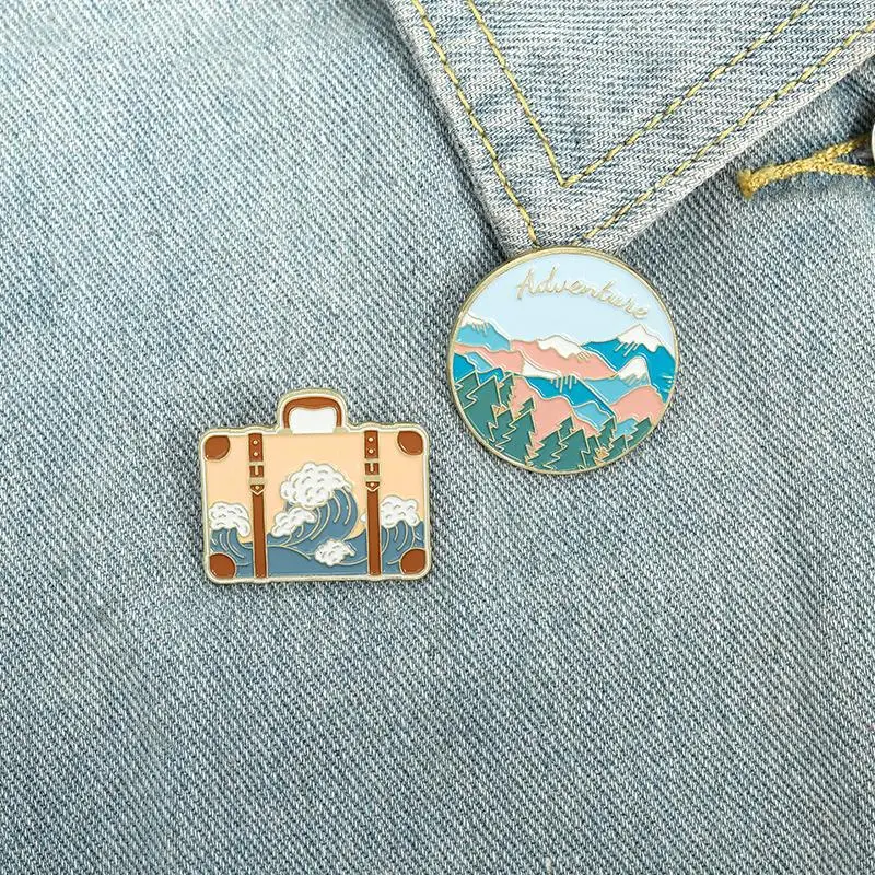 Travel Enamel Pin Adventure Tour Suitcase Journey Brooches Bag Lapel Pin Badges Mountains Oceans Wave Jewelry Gift for Friends