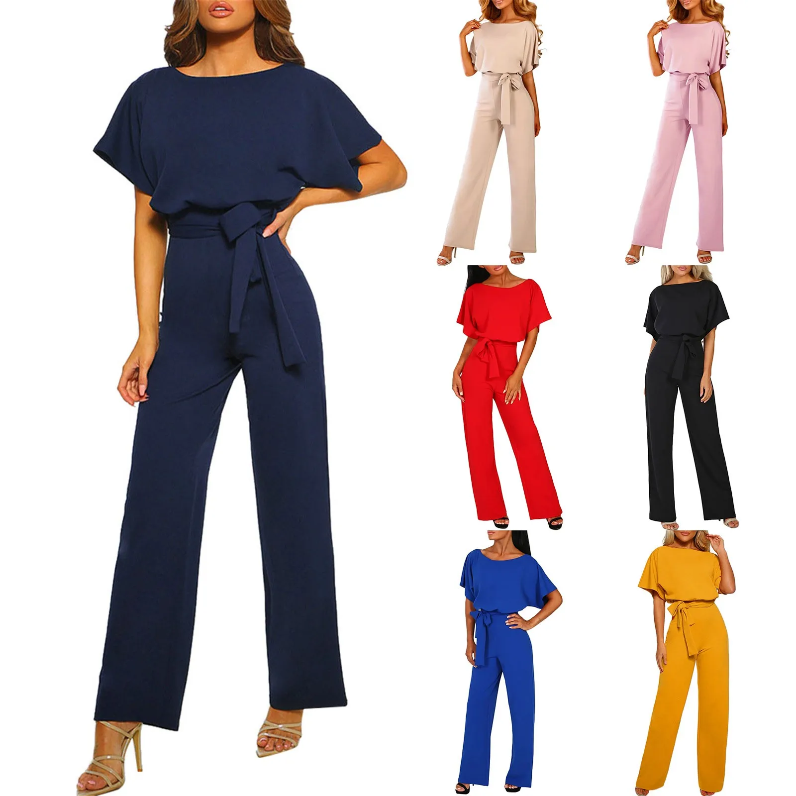 Women'S High Waist Jumpsuits Summer Straight Fitting Casual Tie Round Neck Jumpsuits Daily Commute Solid Short Sleeve Jumpsuits