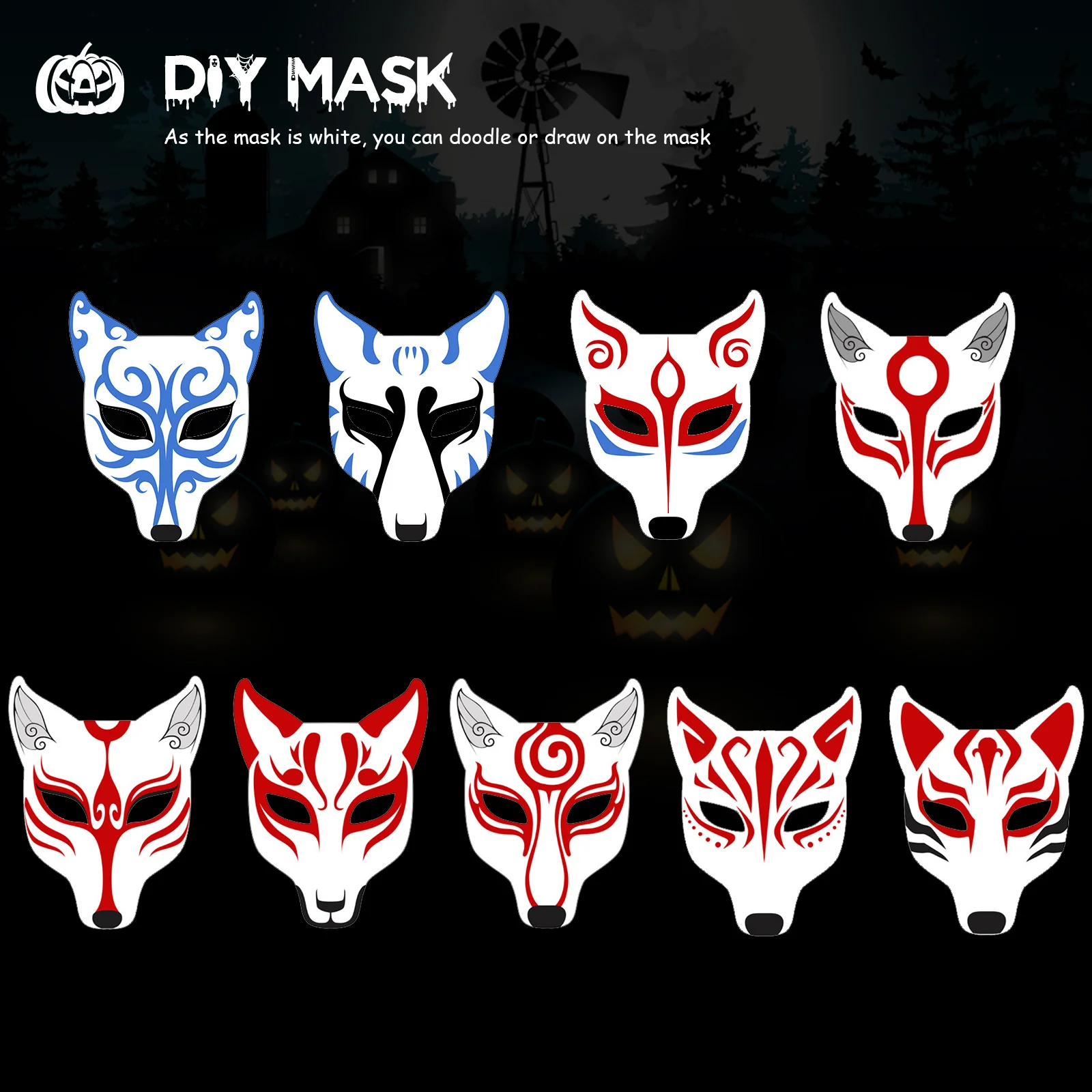 Halloween Costumes White Fox DIY Mask Cosplay Face Cover Masks Facial Unpainted Masquerade Dress up