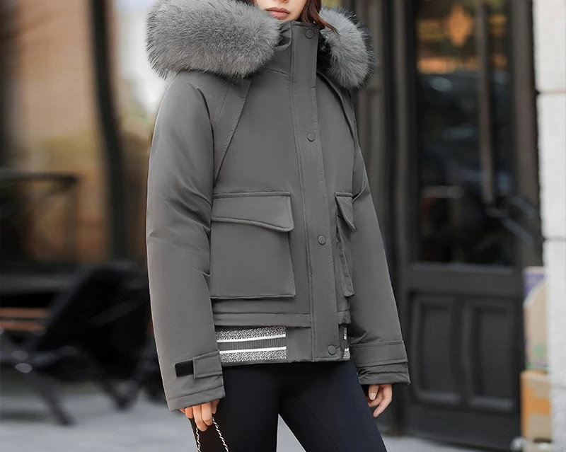 New Plus Size Women's Short Student Cotton Jacket with Loose Large Fur Collar and Contrasting Colors