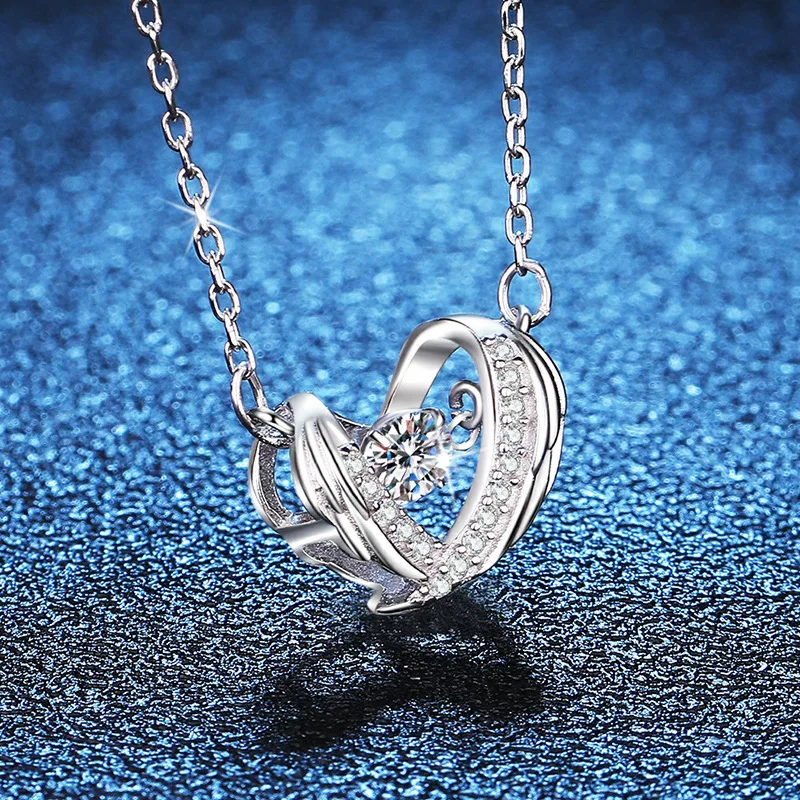0.3ct Moissanite S925 Silver Necklet Pendant for Women Men Plated Platinum Wings of Protection Beating Heart Charm Necklace